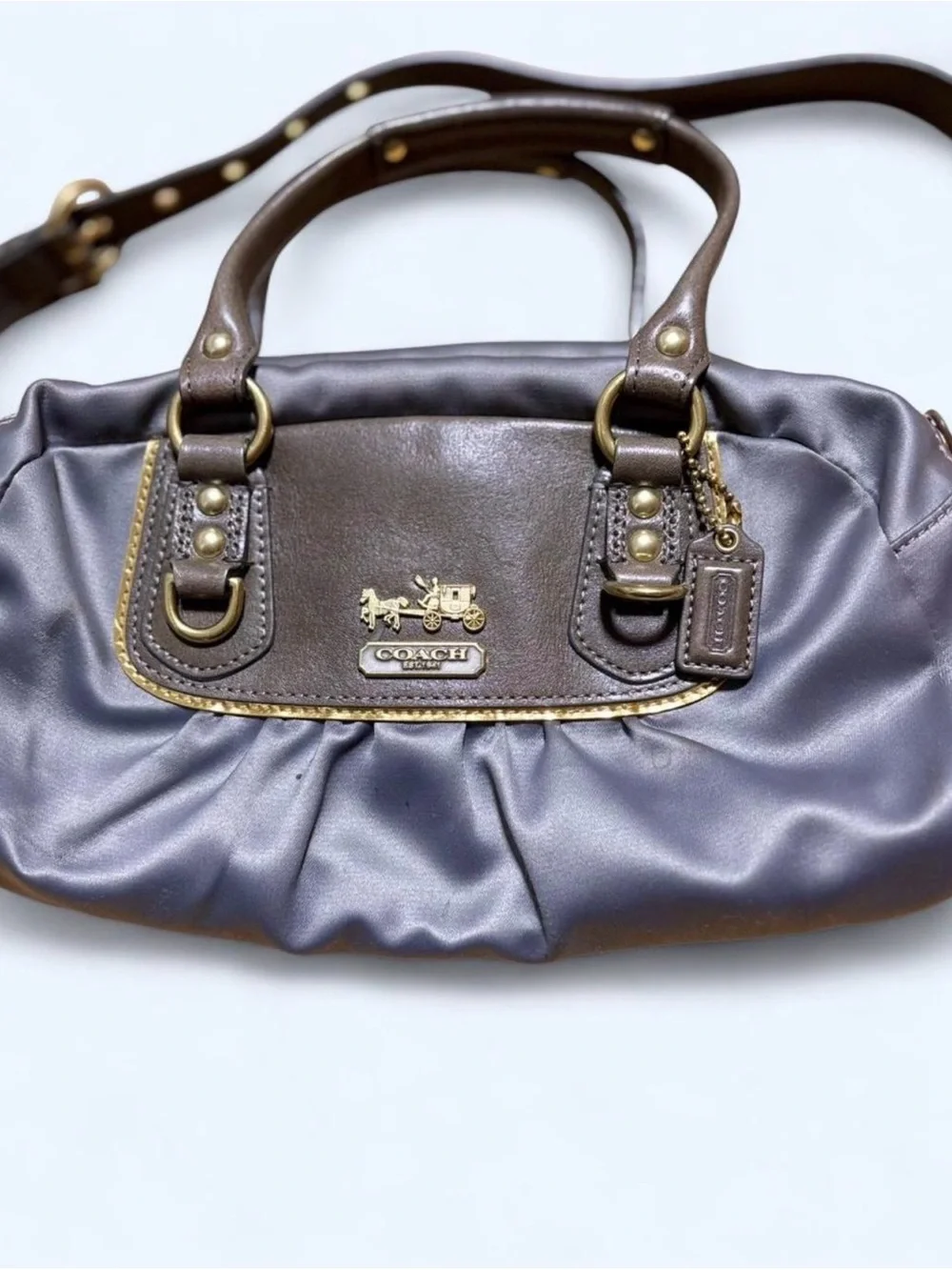 Coach Satin Purple Shoulder Bag with Brown Leather Trim